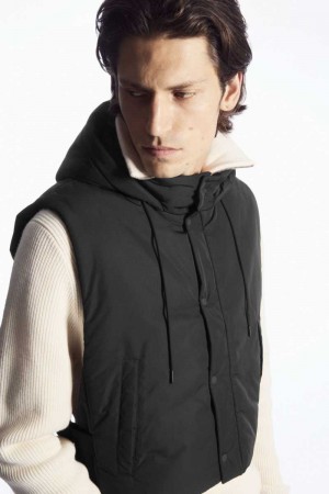 Men's COS Buckled-Side Padded Hooded Vest Black | VCHIS-2973