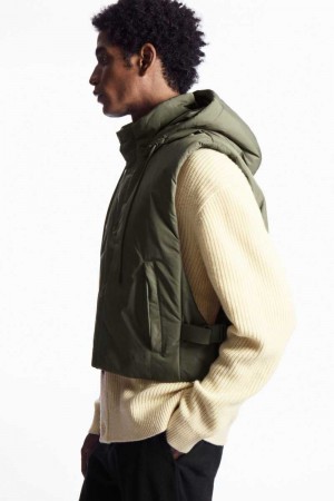 Men's COS Buckled-Side Padded Hooded Vest Dark Green | EITAX-9165