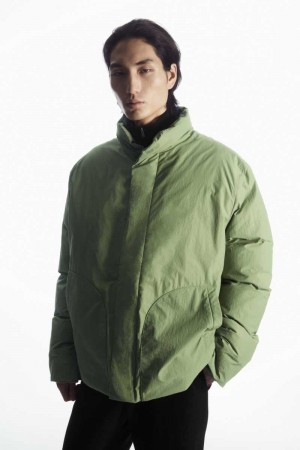 Men's COS Padded Magnetic-Collar Jackets Khaki Green | QCSWM-6148