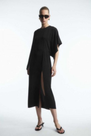 Women's COS Asymmetric-Sleeve Draped Midi Dress Black | ZUQNY-8461