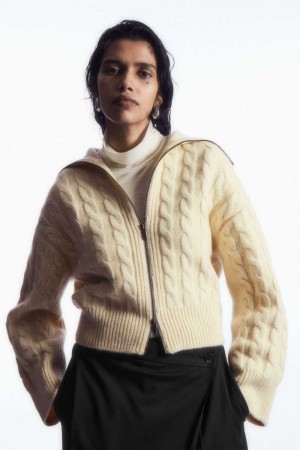 Women's COS Cable-Knit Wool Zip-Up Jackets Cream | NDRQG-9536