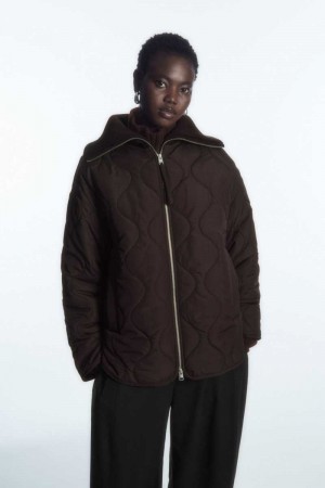Women's COS Oversized Knitted-Collar Quilted Jackets Dark Brown | EXVJL-7250