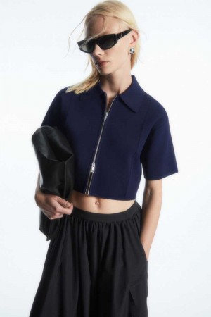 Women's COS Short-Sleeved Cropped Knitted Jackets Navy | XYAQU-5913