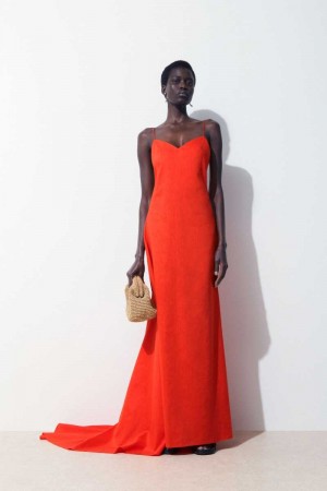 Women's COS The V-Neck Linen Maxi Dress Light Orange | NKSYE-4192