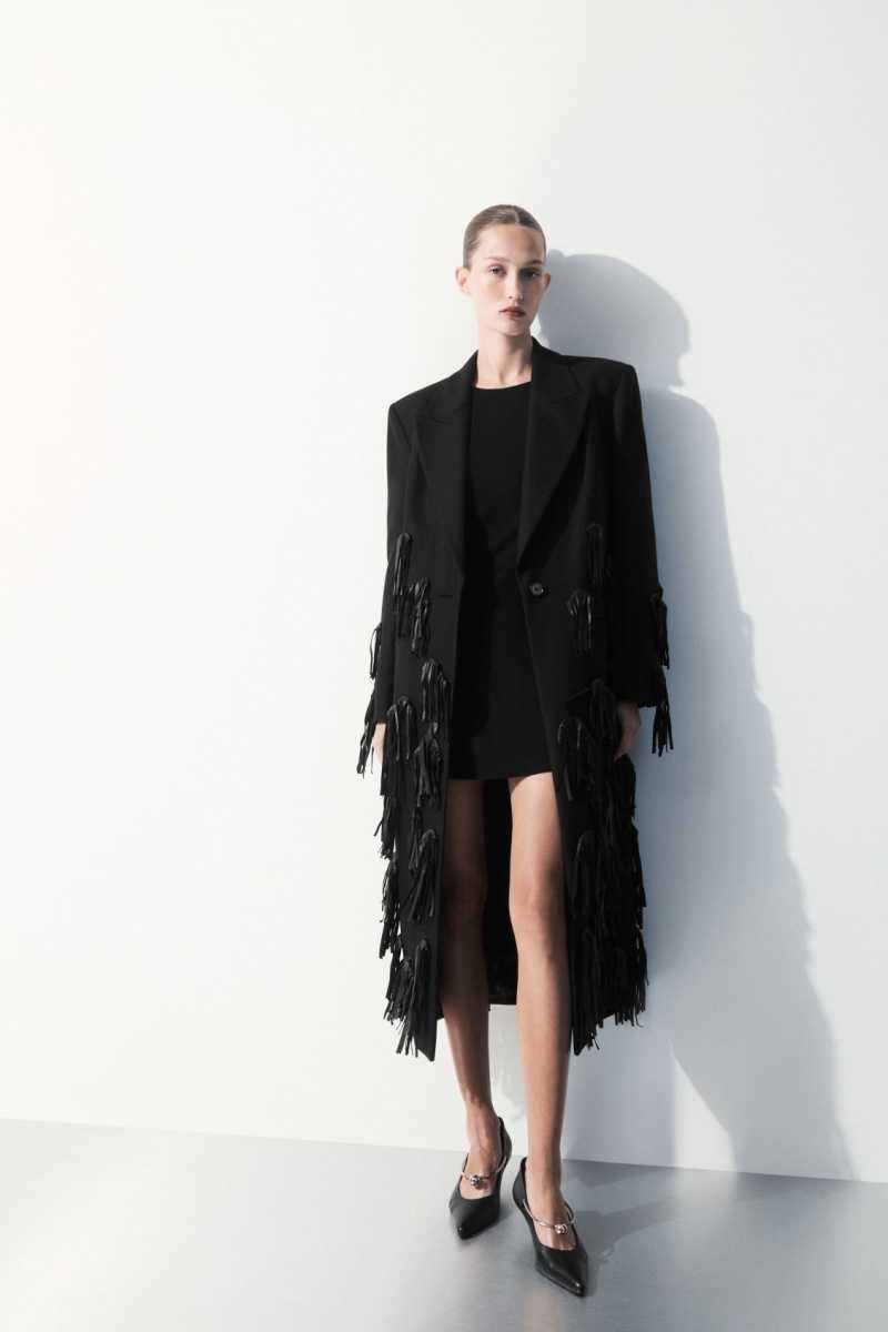 Women's COS The Leather-Tasseled Wool Coats Black | LDOHX-4862
