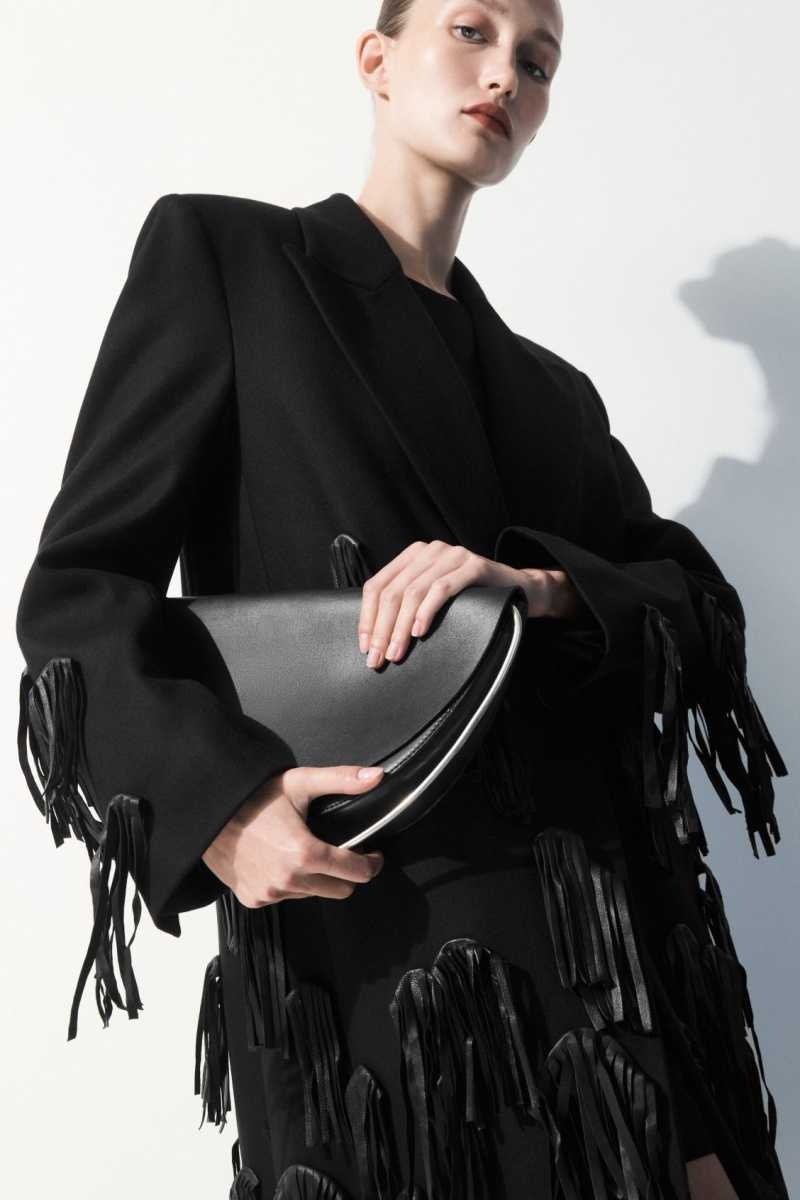 Women's COS The Leather-Tasseled Wool Coats Black | LDOHX-4862