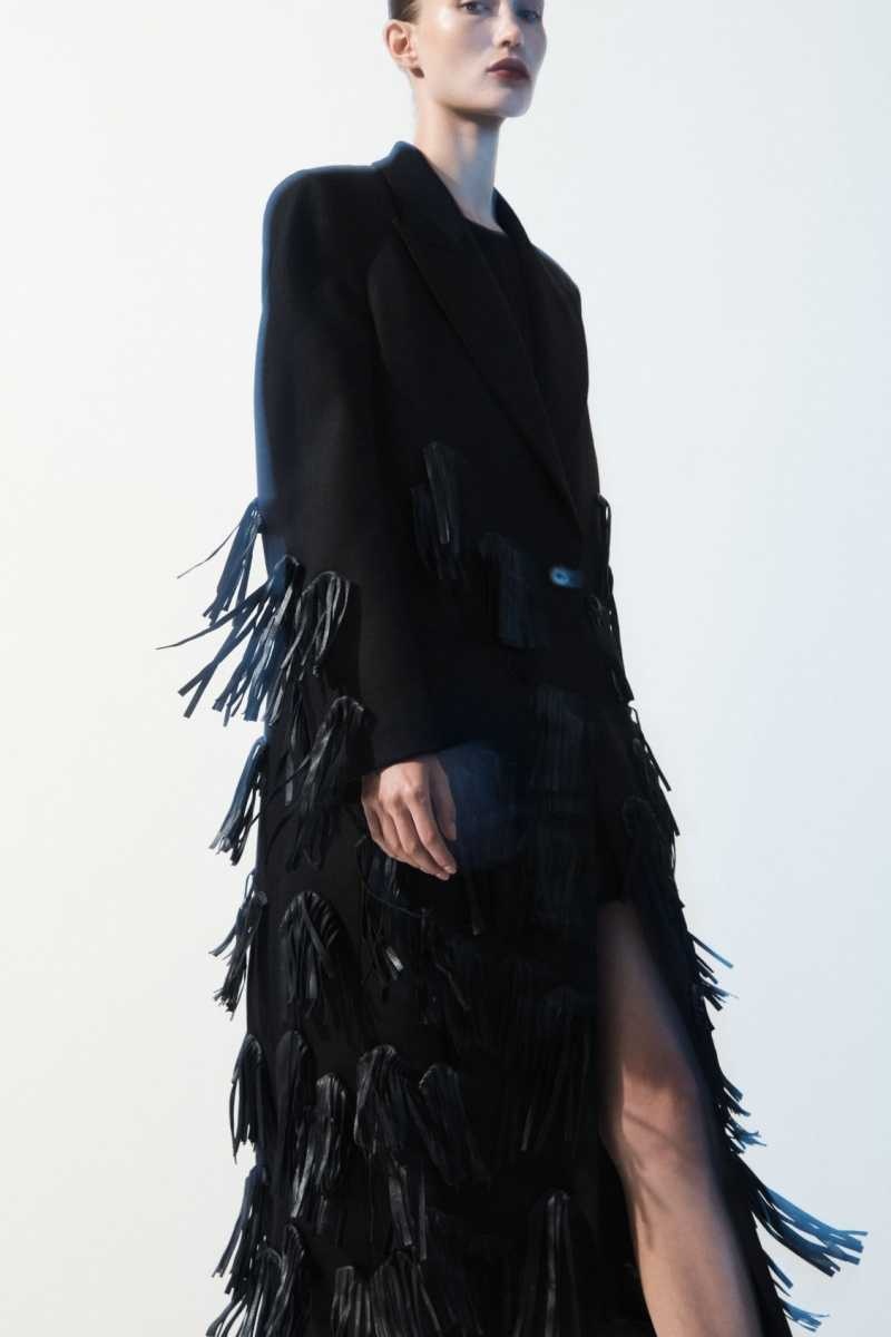Women\'s COS The Leather-Tasseled Wool Coats Black | LDOHX-4862